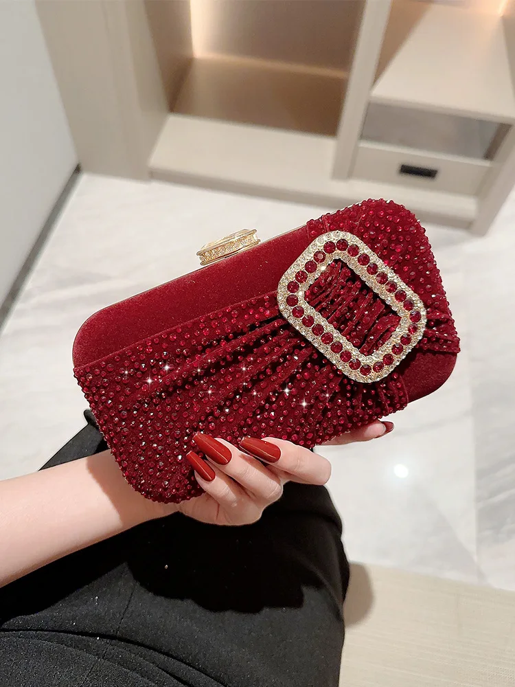 Wine Red Rhinestone Evening Bags For Women Fashion Velvet Cloth Clutches Ladies Handbags Wedding Party Purses