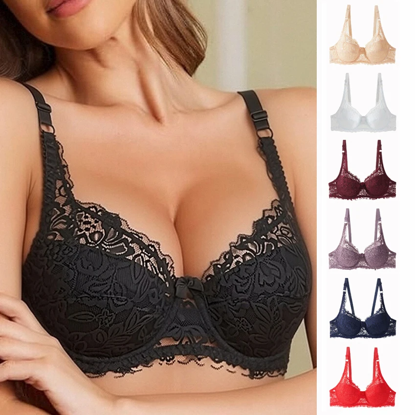 Sexy Push Up Lace Bras Women Thin Cotton Lined Underwire 38-44 C/D Cup Breathable Bralette Hollow Out Floral Underwear Plus Size