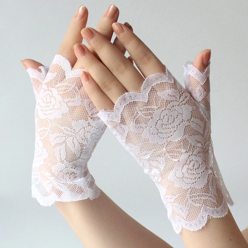 

1 Pair Women Black White Fingerless Sexy Lace Gloves Sun Protection Rose Flower Half Finger Fishnet Bride Short Fashion Gloves