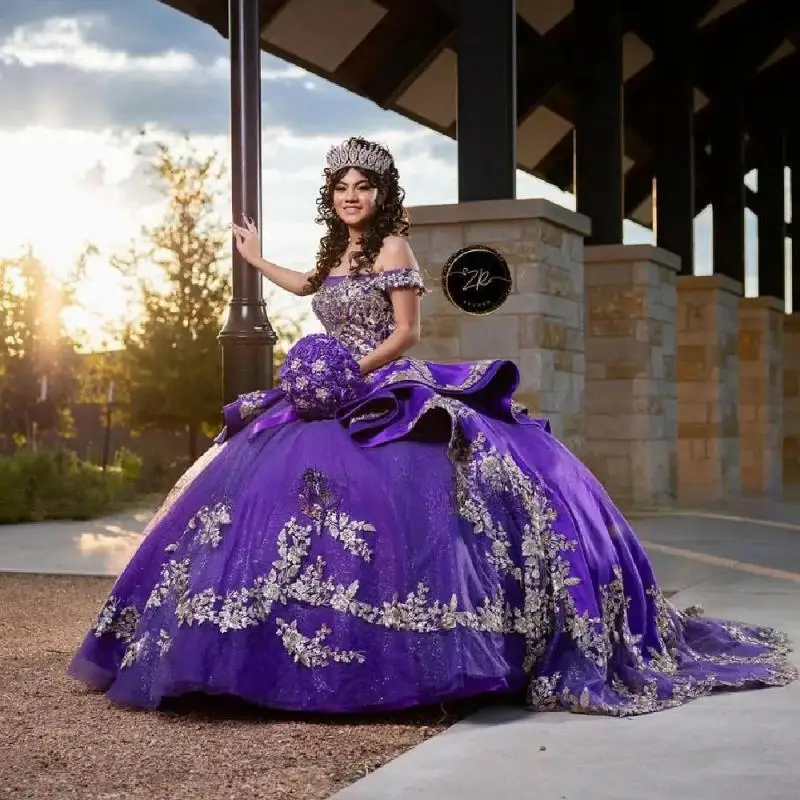 Новое поступление, фиолетовые платья для Quinceanera 2024, бальное платье на день рождения, выпускной, искусственное платье, аппликация, многослойное, с открытой спиной, милое, для конкурса на 15 16 человек