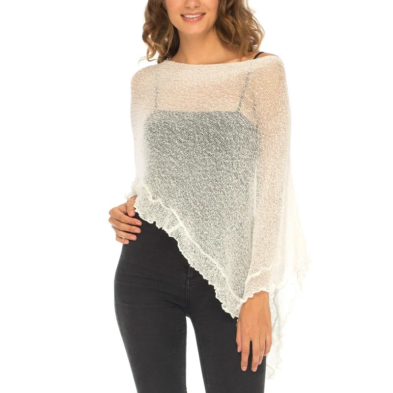 สตรี Sheer Poncho Shrug ถัก Bolero Pullover ไม่สมมาตรตาข่ายผ้าคลุมไหล่ Y2k Going Out Travel Cover Up