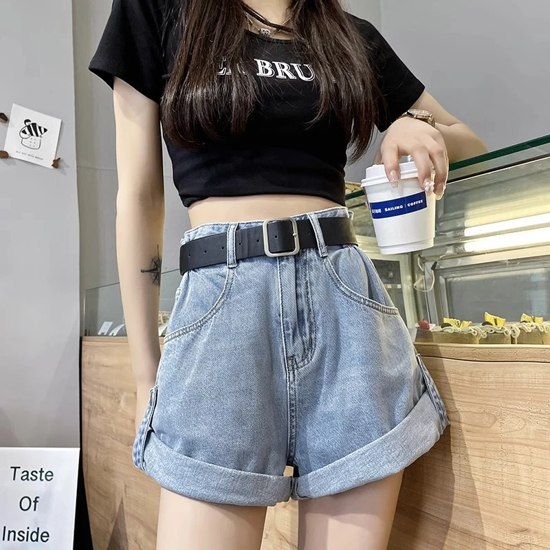 Grey high-waisted versatile denim shorts female summer new loose thin design a word versatile wide-leg rolled hot trousers