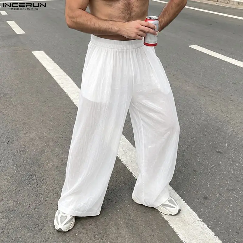 INCERUN Men's Pants Solid See Through Elastic Waist Joggers Casual Trousers For Man Vacation Streetwear Loose Pants Pantalones