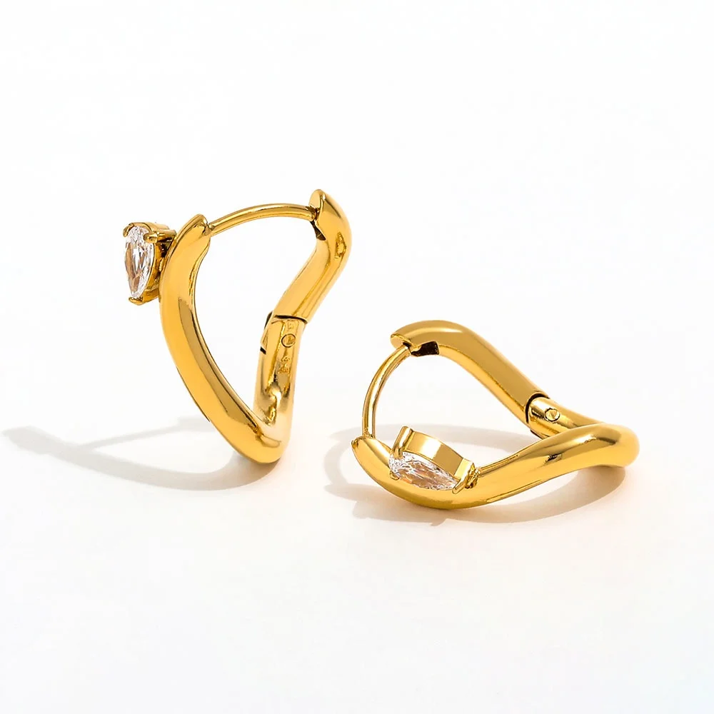 

Joolim Jewelry High Quality PVD Wholesale Waterproof Fashion Twisted Teardrop Zirconia Huggie Stainless Steel Earring for Women
