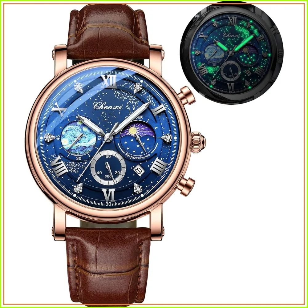 Men's Classic Multifunctional Analog Watch Business Dress Waterproof Luminous Chronograph Starry Moon Phase Leather Wristwatch