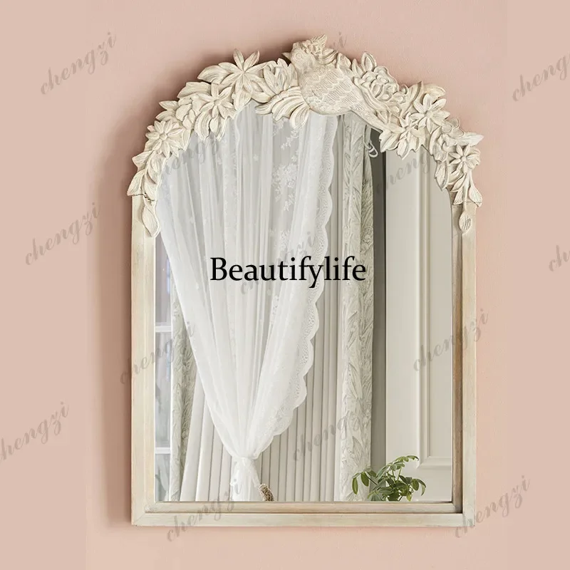 A74New Chinese mirror retro flower and bird carving wall hanging decoration medieval French master bedroom dresser makeup mirror