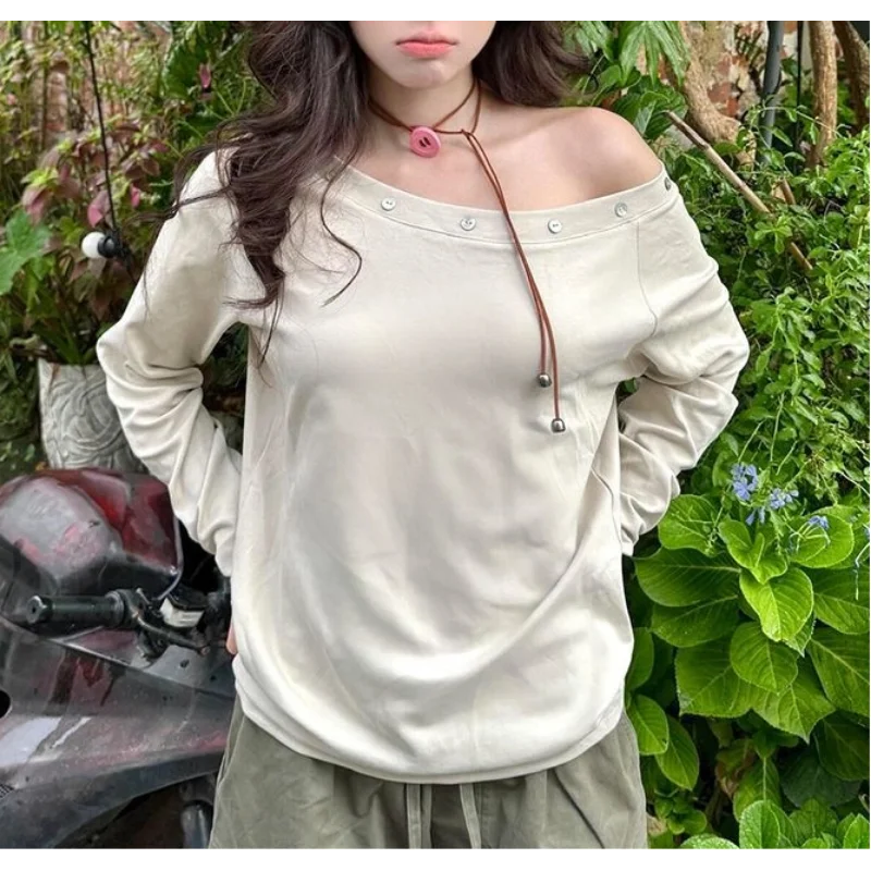 

Korean Retro Lazy Shoulder Button Long Sleeve Spring and Autumn New Loose Design Fashionable and Versatile Base Shirt Top