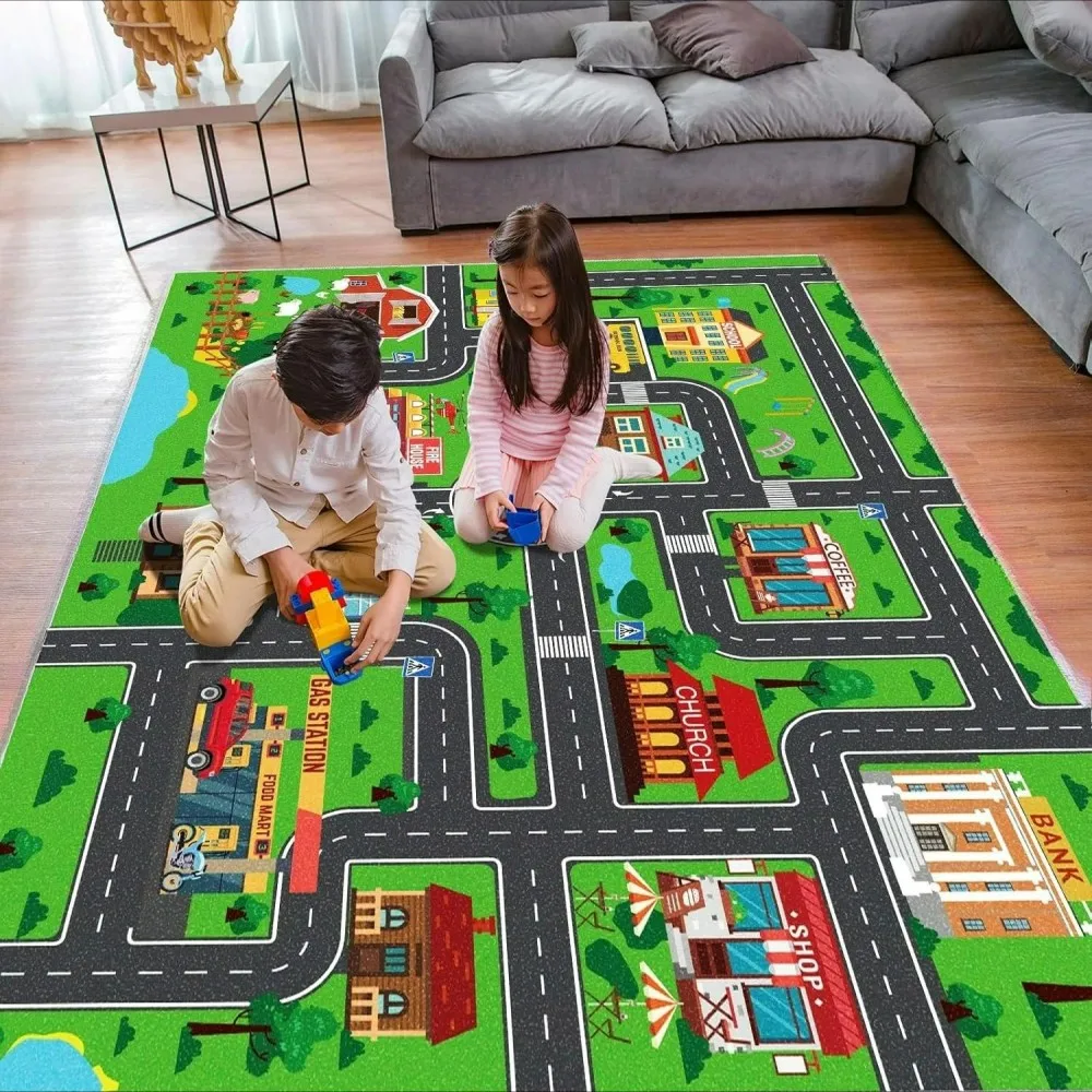 VIKAMA Fun City Transportation Route Carpet, Living Room and Bedroom, Parent Child Activity Carpet, Christmas and Birthday Gifts