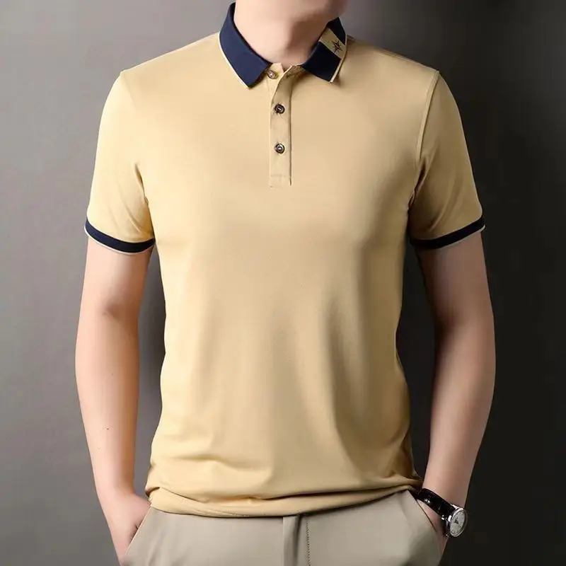 Men's Short Sleeve Summer Solid Color Pullover Turn-down Collar Button Casual Formal Polo Preppy Style T-shirt Business Tops