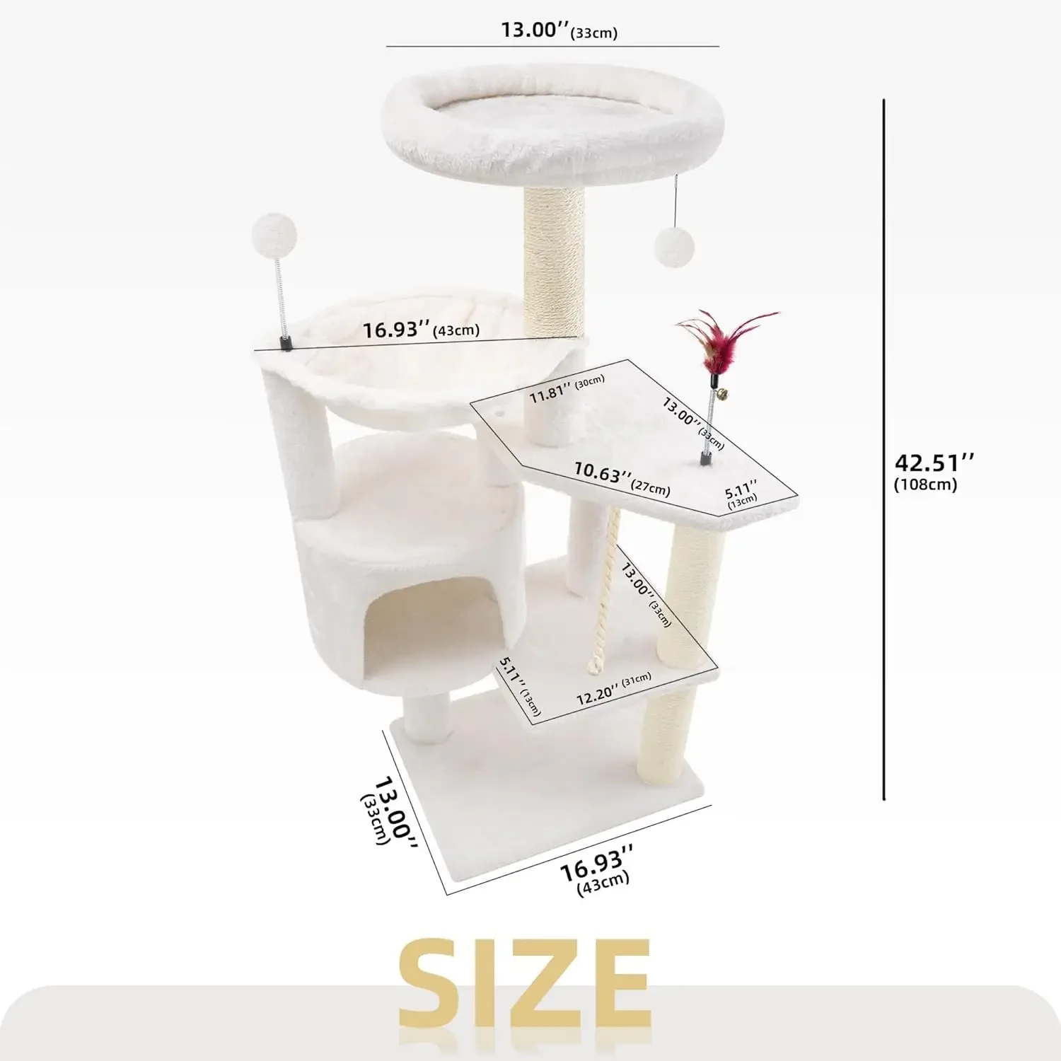 42.5'' Cat Tree for Indor Cats, Multifunctional Cat Tower with Cozy Condo, Perches, Scratching Posts and Hammock, Beige