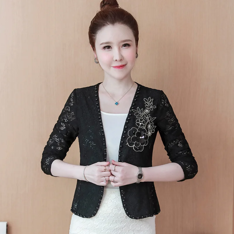

2025 New Women Lace Short Jacket Beaded Long Sleeve Embroidery Flower Cardigan Shirt Fashion Hollow Hidden Button Designs Coat