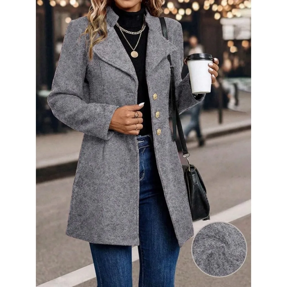 معاطف الشتاء النسائية؛ قمم الشتاء النسائية ذات اللون الصلب؛ سترات متوسطة الطول وأنيقة ومريحة بأكمام طويلة للنساء #4