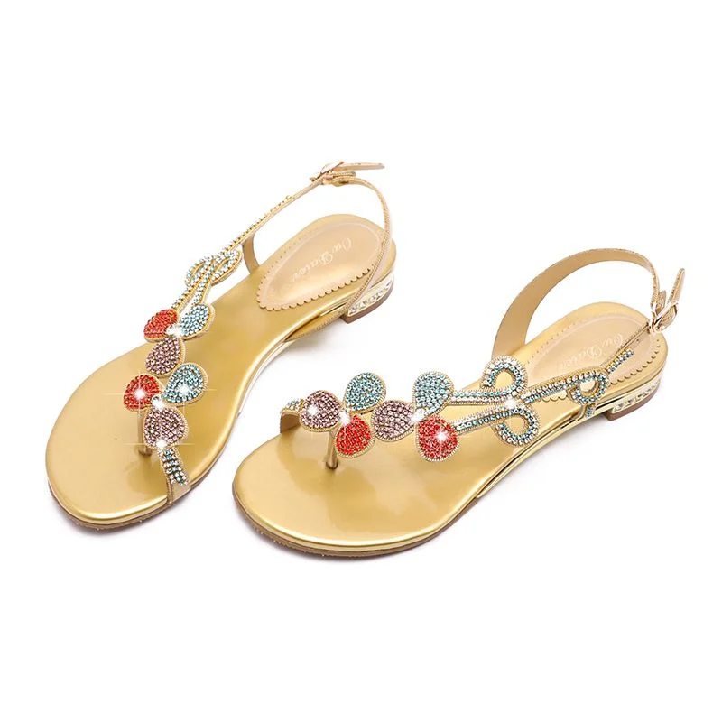 Sandalias de cuero con diamantes de imitación para mujer, Sandalias de tacón bajo con Clip de fondo plano, tacón grueso con flores, novedad de verano