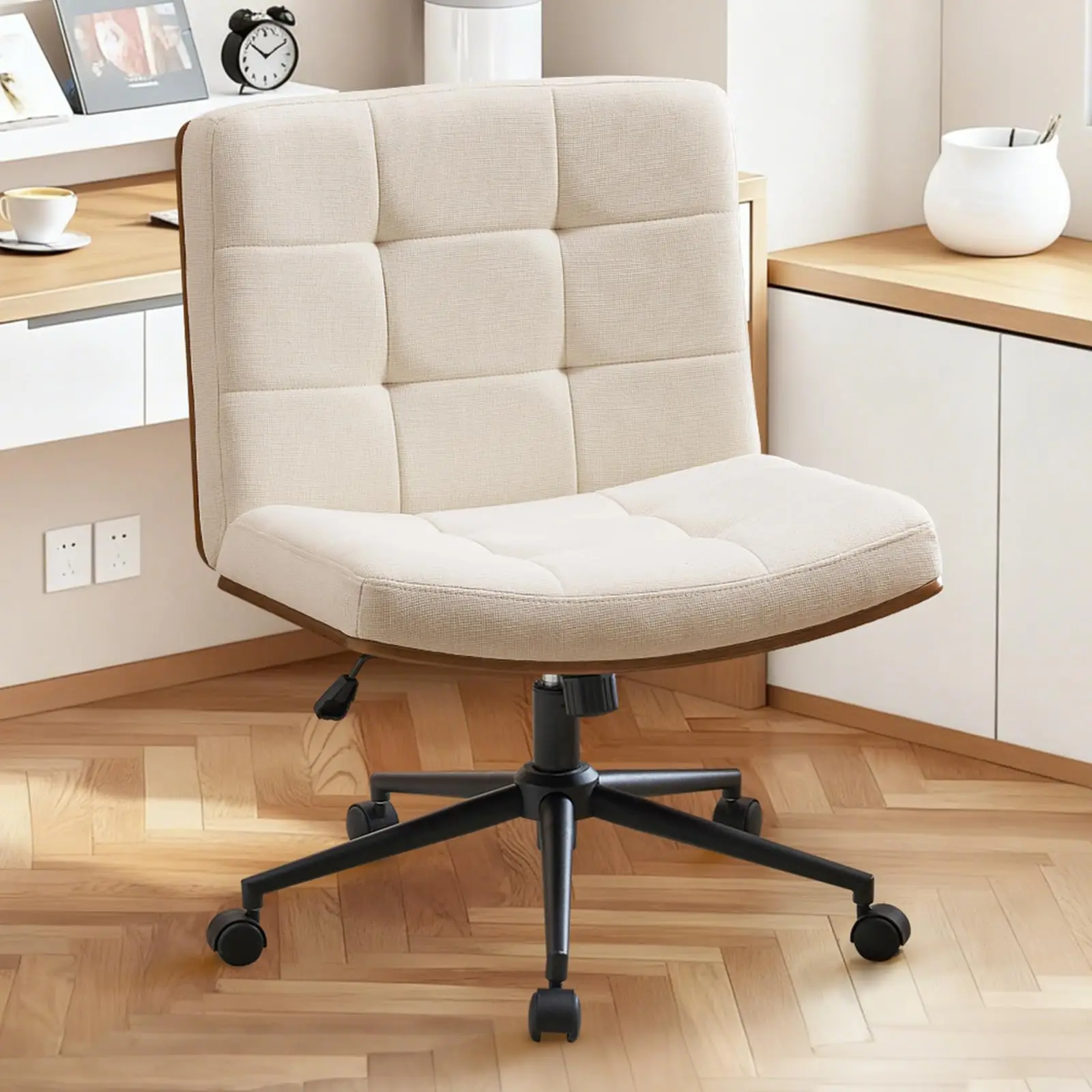 

Beige Linen Armless Swivel Office Chair With FSC Wood Trim, Padded Tufted Seat And Five-Star Rolling Base For Desk Or Vanity