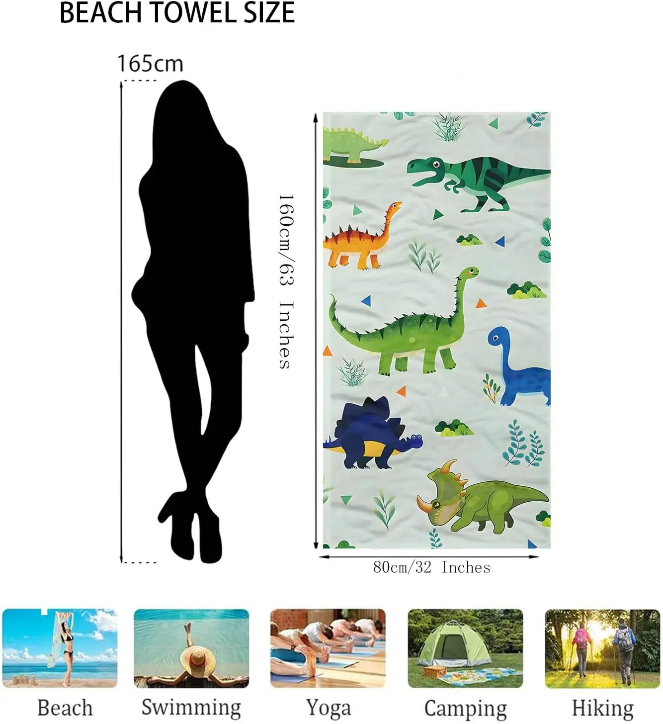 Absorbent Soft Pool Towel,Quick Free Camping Travel Bath Towels Beach Essential Gift Yoga Gym Swim Towels (Cartoon Dinosaur)