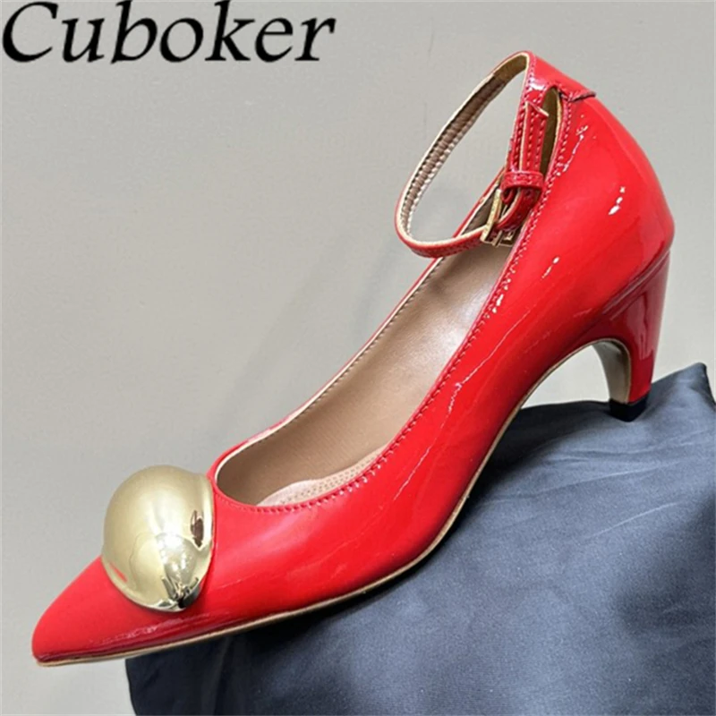 

2024 Summer Fashion Metal Buckle Kitten Heels Shoes Women Pointed Toe Patent Leather Single Shoes Sexy Party Pumps Shoes Female