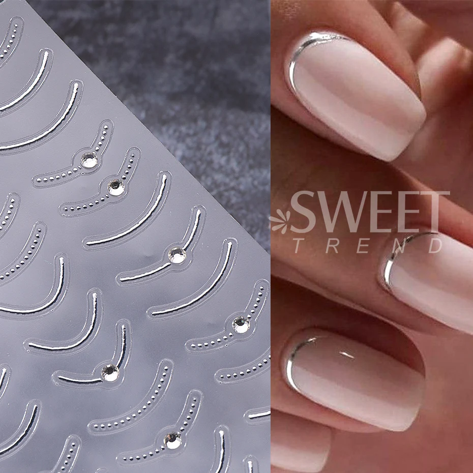 Metallic French Stripe Line Nail Sticker 3D Crystal Rhinestone Gold Silver Smile Line Simple Adhesive Slider DIY Nail Decoration