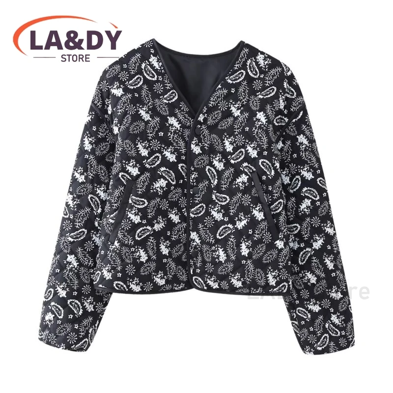 Jacket Coat Woman 2024 Autumn Winter Fashion Loose Single Breasted V-Neck Female Casual Long Sleeves Printing Pockets Outerwear