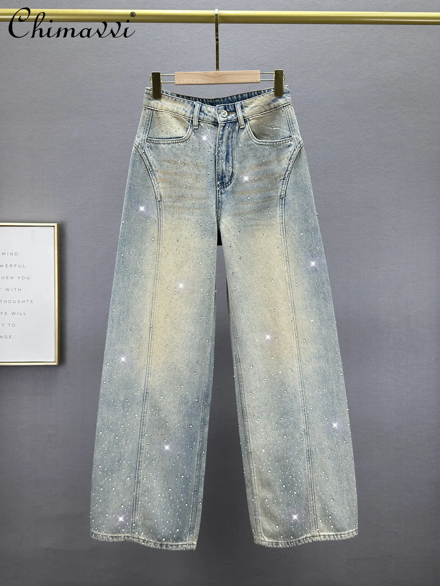 

Heavy Rhinestone Denim Wide-leg Pants for Women Spring Fashion High-waisted Loose European-style Distressed Floor-length Pants