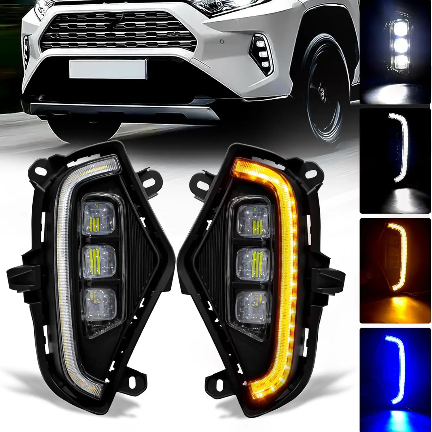 LED Fog Lights for Toyota RAV4 2019 2020 2021 2022 2023 2024 2025 3 Colors DRL Lights LED Daytime Running Light Amber Turn Signal Light Fog Lamp Assembly Kit with Bezel Car Accessories