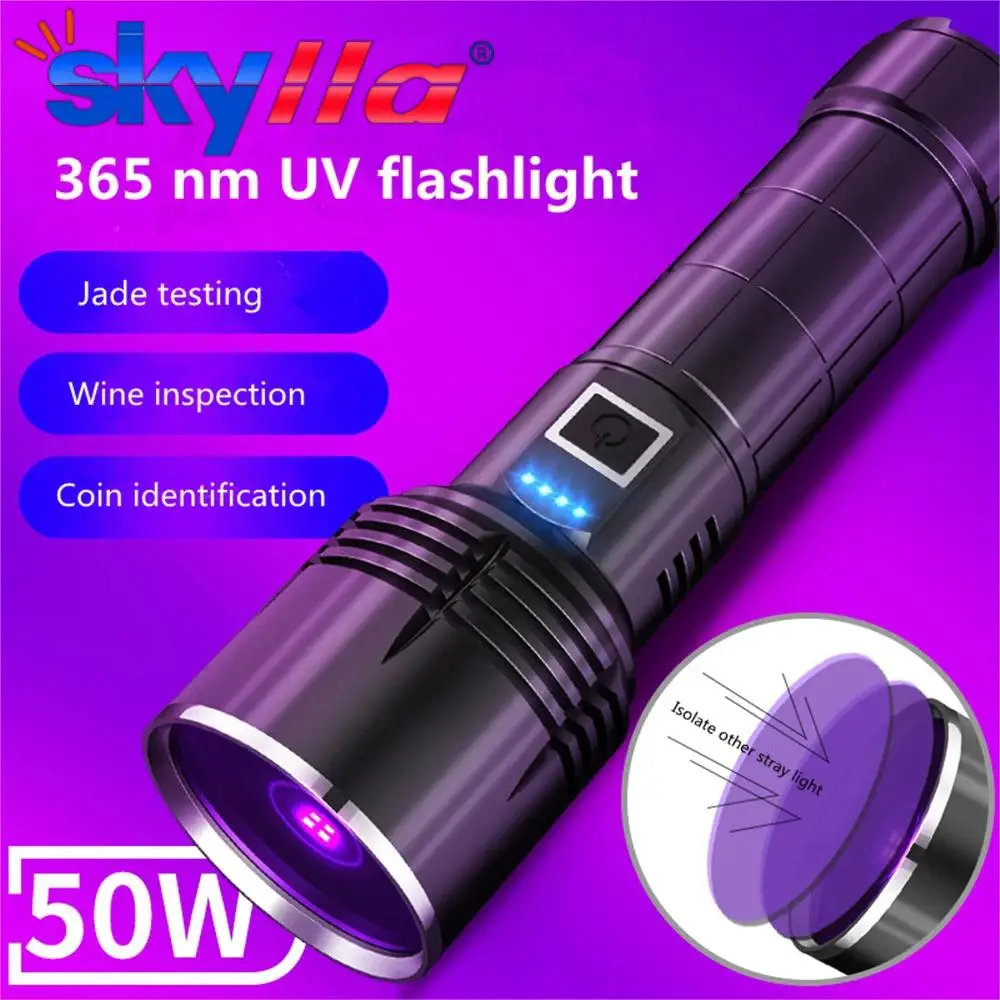 365nm UV Flashlight High Power Purple Light Lantern Fluorescent Antigen Reagent Detection Black Mirror Lamp USB Rechargeable