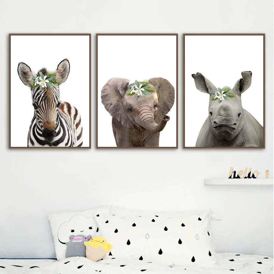 3pcs (No frame), Cute Safari Baby Animals Canvas Wall Art Zebra Elephant Rhino With Flower Crown Nursery Room Decor