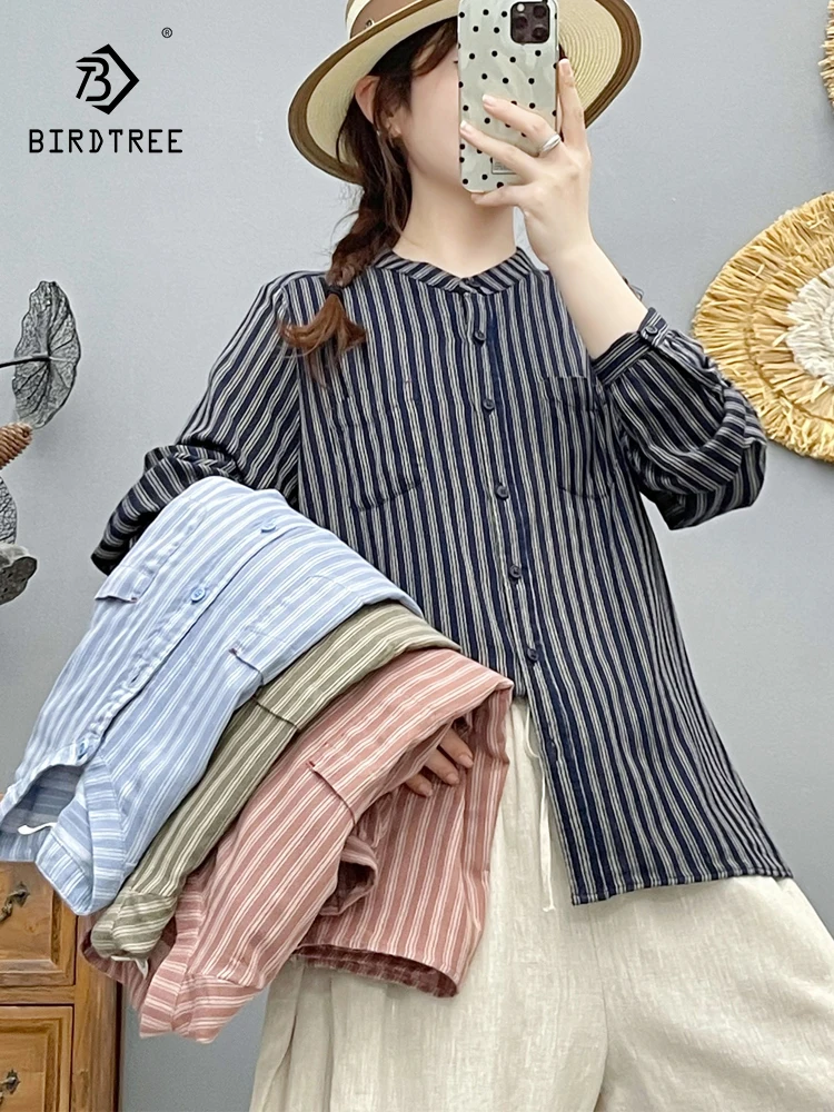 جديد 2025 الخريف غزل القطن قميص طويل الأكمام ، المرأة الوقوف جيب مخطط ، موري فتاة موضة بلوزة فضفاضة غير رسمية T59918CC