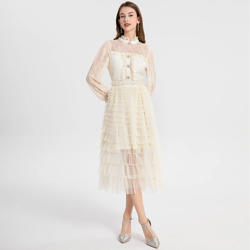 New French Elegant Autumn Lace Patchwork Tweed Tassel Cake Midi Dress For Women Stand Collar Diamonds Button Ruffles Party Dress