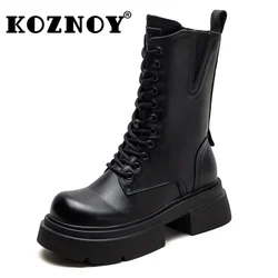 Koznoy 6cm damskie buty z prawdziwej skóry bydlęcej mokasyny jesienno-zimowe pluszowe wiosenne brytyjskie koturny na kostkę