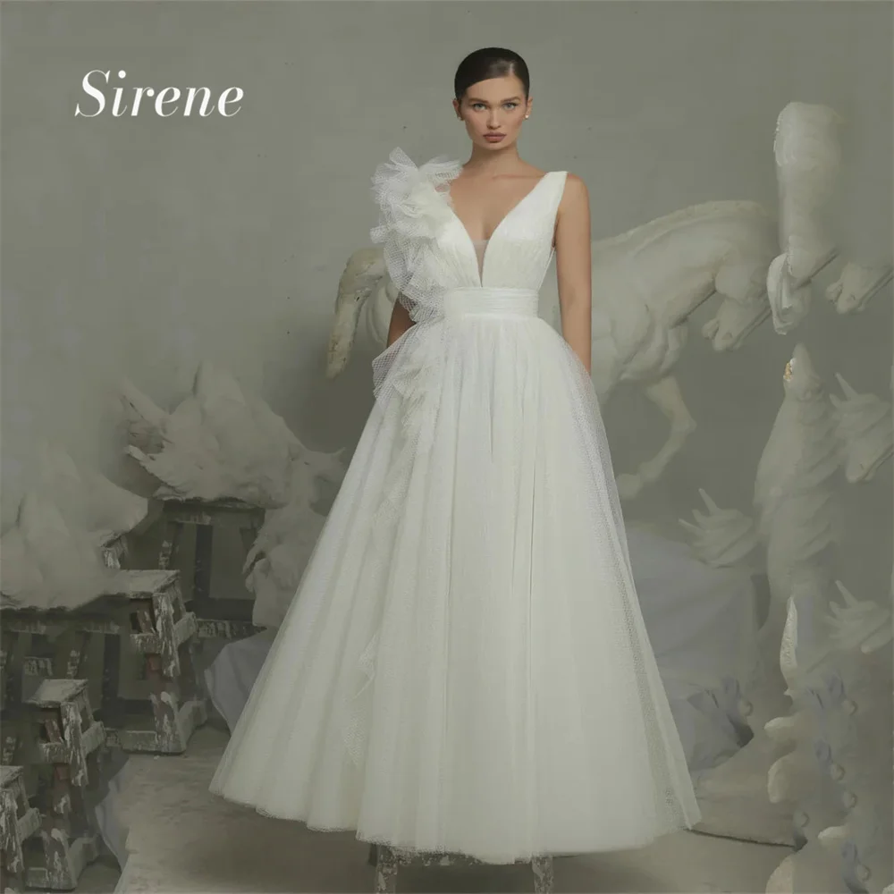 Sirene Elegant 3D Flower Spaghetti Strap Tulle Wedding Dress Sexy Deep V-neck Floor-length Sleeveless A-Line Backless Bride Gown