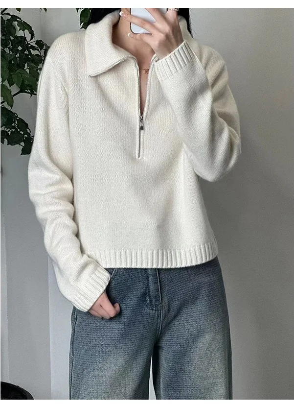 Autumn and winter women\'s casual solid color lapel long sleeved loose sweater