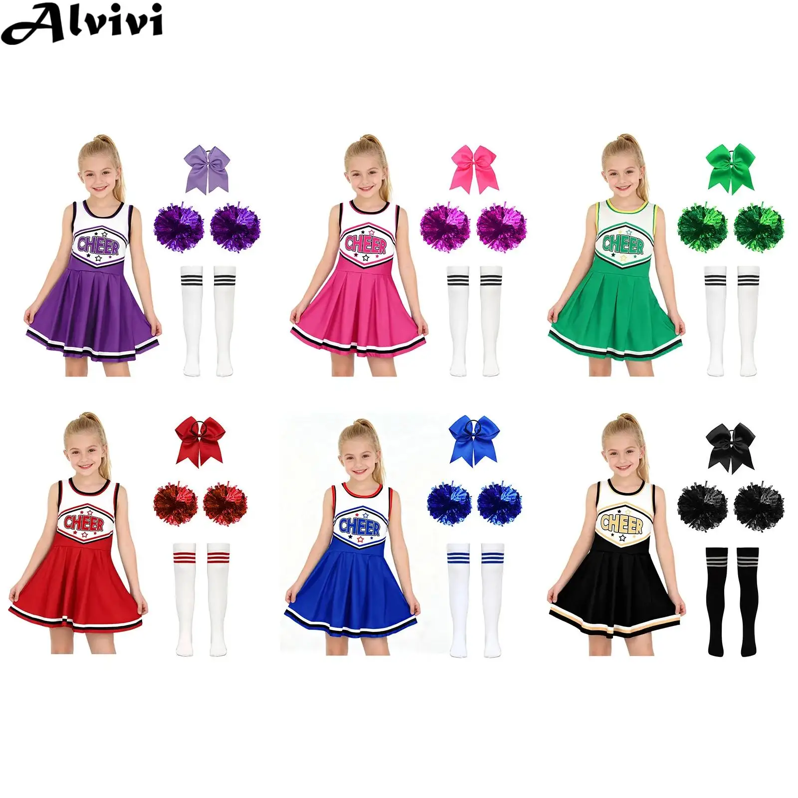 فستان أداء الرقص التشجيعي للفتيات الصغيرات مع كرات الزهور وربطة شعر لاجتماعات رياضية وحفلات كرنفال الهالوين