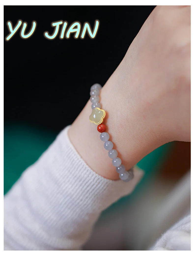 Natural Smoke Purple Hetian Jade Round Beads Bracelet Female Red Agate Three-leaf Clover Lucky Bangles Elegant FINE Jewelry