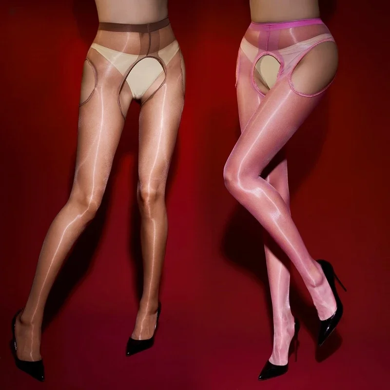 Women Sexy Oil Shiny High Waist Pantyhose 0D Ultra Thin Transparent Nightclub Wear Erotic Four Side Open Crotch Tights Costume