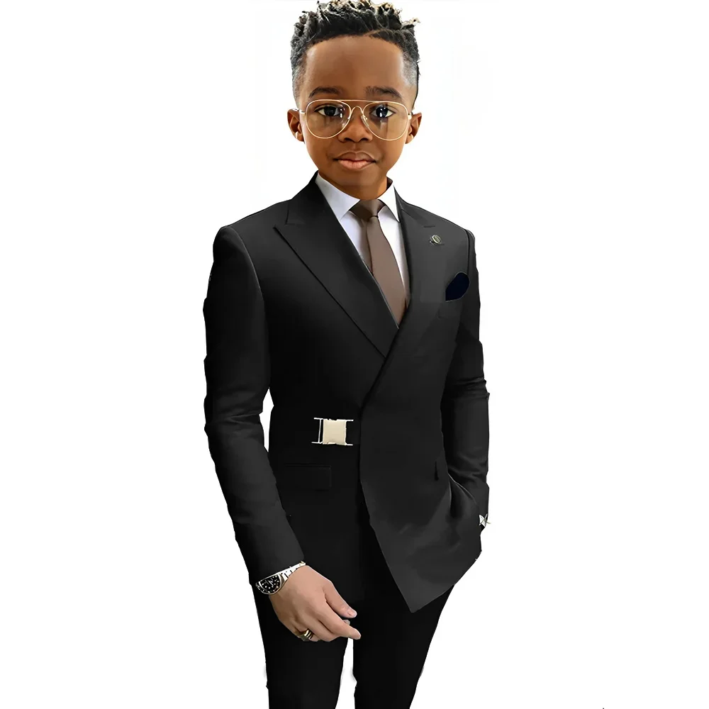 Classic Boys Suit Set with Metal Buckle Peaked Lapel Double Breasted Wedding Kids Suit Birthday Party Suit Outfit 2 Pieces