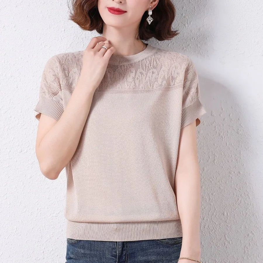Summer Ice Silk Knitted ort Sve T-irt Women's Slim Fit Hollow out round Ne Top Ele Faion Thin Hollow Sve