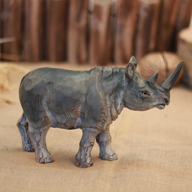 Solid wood craftsmanship, animal rhinoceros, handmade carving, vintage wood carving, customized feng shui ornaments, Nordic livi