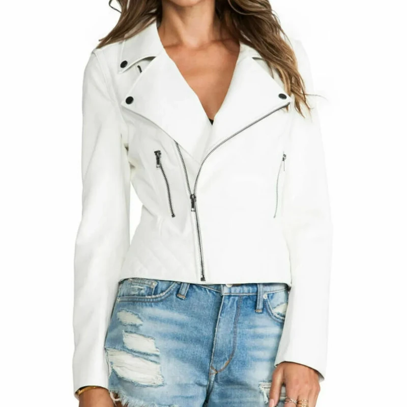 Veste Cuir blanc pour Les Femmes Veste de Motard En Cuir Courte Manteau