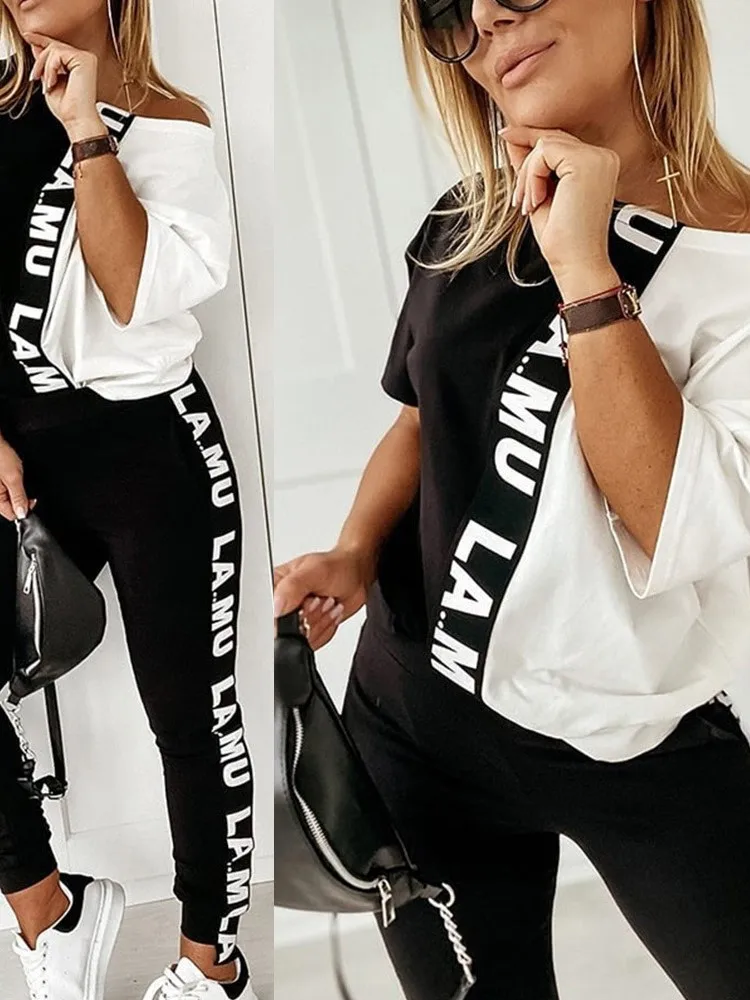 2023 Women\'s Spring Summer Sportswear Two-piece Set With Patchwork Letters Short Sleeved Long Pants Casual Women\'s Two-piece Set