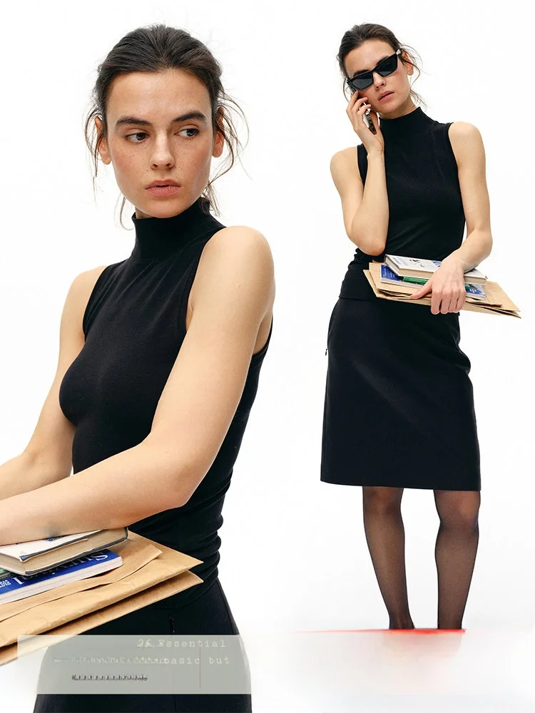 

Slim Fit Halter Neck Sleeveless Vest Women's Business Casual Style Commute Black Top Who Peach Lenzing Modal Fiber