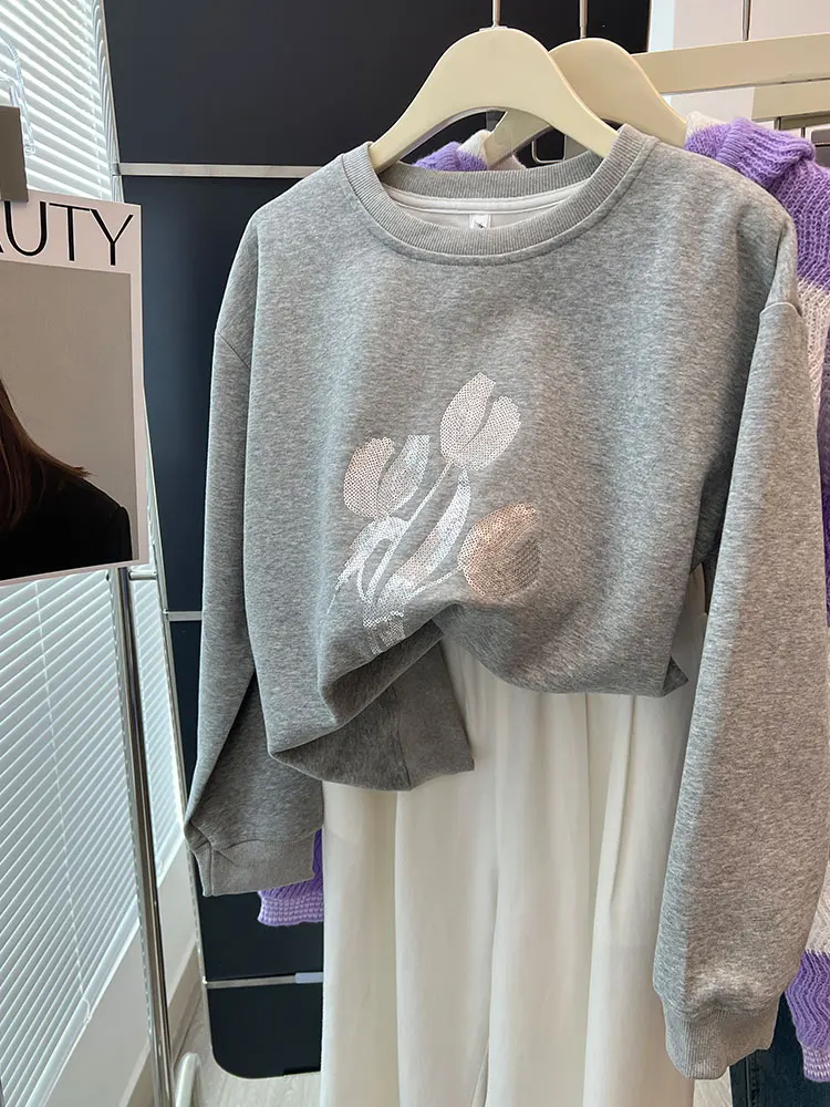 

Корейская женская толстовка свободного кроя с длинными рукавами, с блестящим принтом, теплая верхняя одежда, однотонное элегантное приталенное пальто