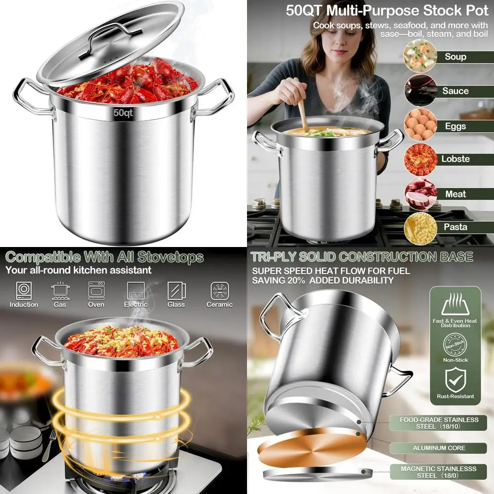 

Large 50 Quart Heavy Duty Stainless Steel Stock Pot with Lid, Commercial Grade for Cooking and Canning