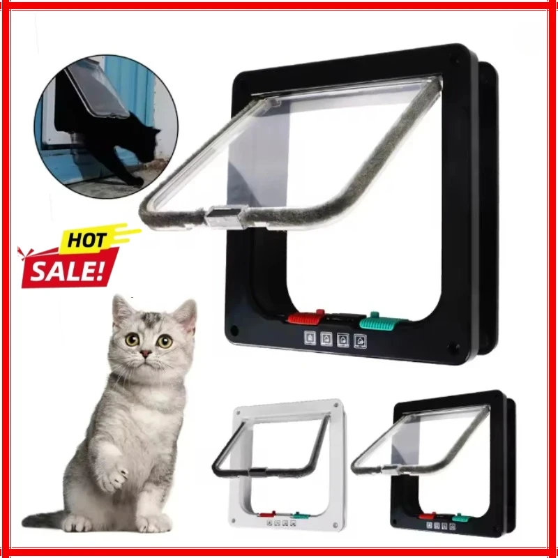 L/XL Cat Flap Door with 4 Way Lock Security Flap Door for Dog Cat Kitten Small Pet Gate Door Kit Cat Puppy Safety Gate