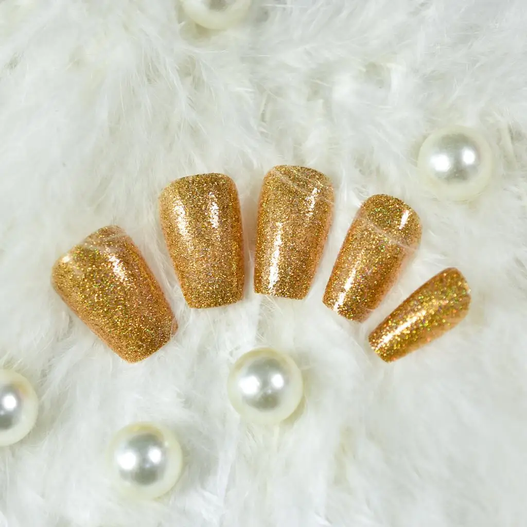 24szt Golden Glitter Press On False Nails Średniej długości trumny wielokrotnego użytku Akrylowe tipsy do paznokci Fałszywe paznokcie Faux Ongles