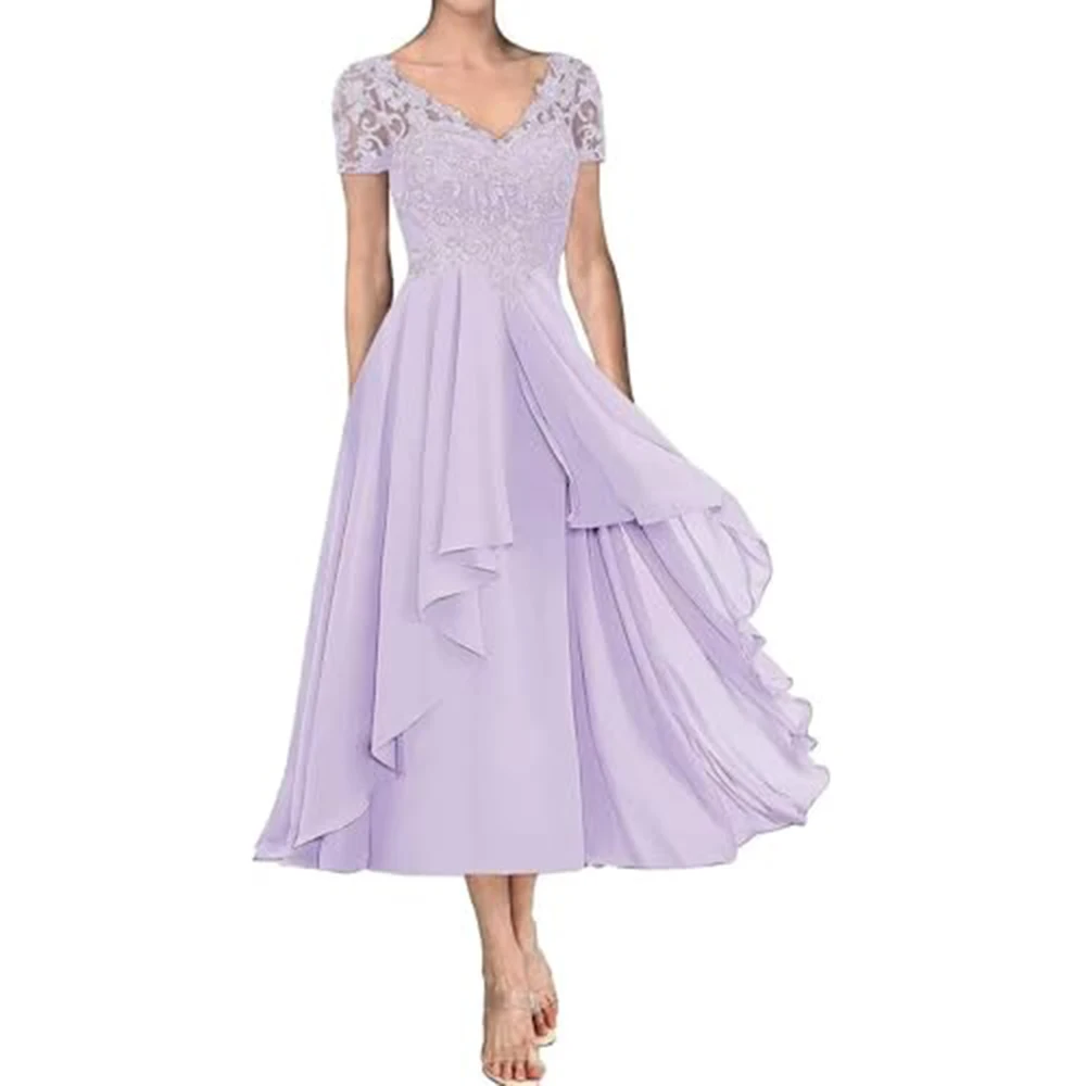 

High-end Party Dress Lace V-Neck Short Sleeve Mid-Calf Dresses for Beach Party Cocktail Party Birthday Vacation Pageant