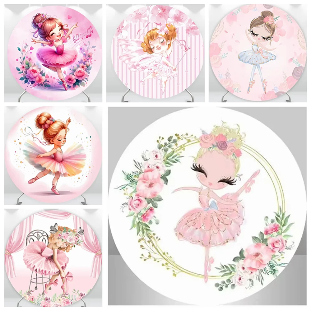 

Girls Ballet Round Backdrop Pink Flowers Birthday Party Baby Shower Decoration Scene Layout Circle Photography Background Props