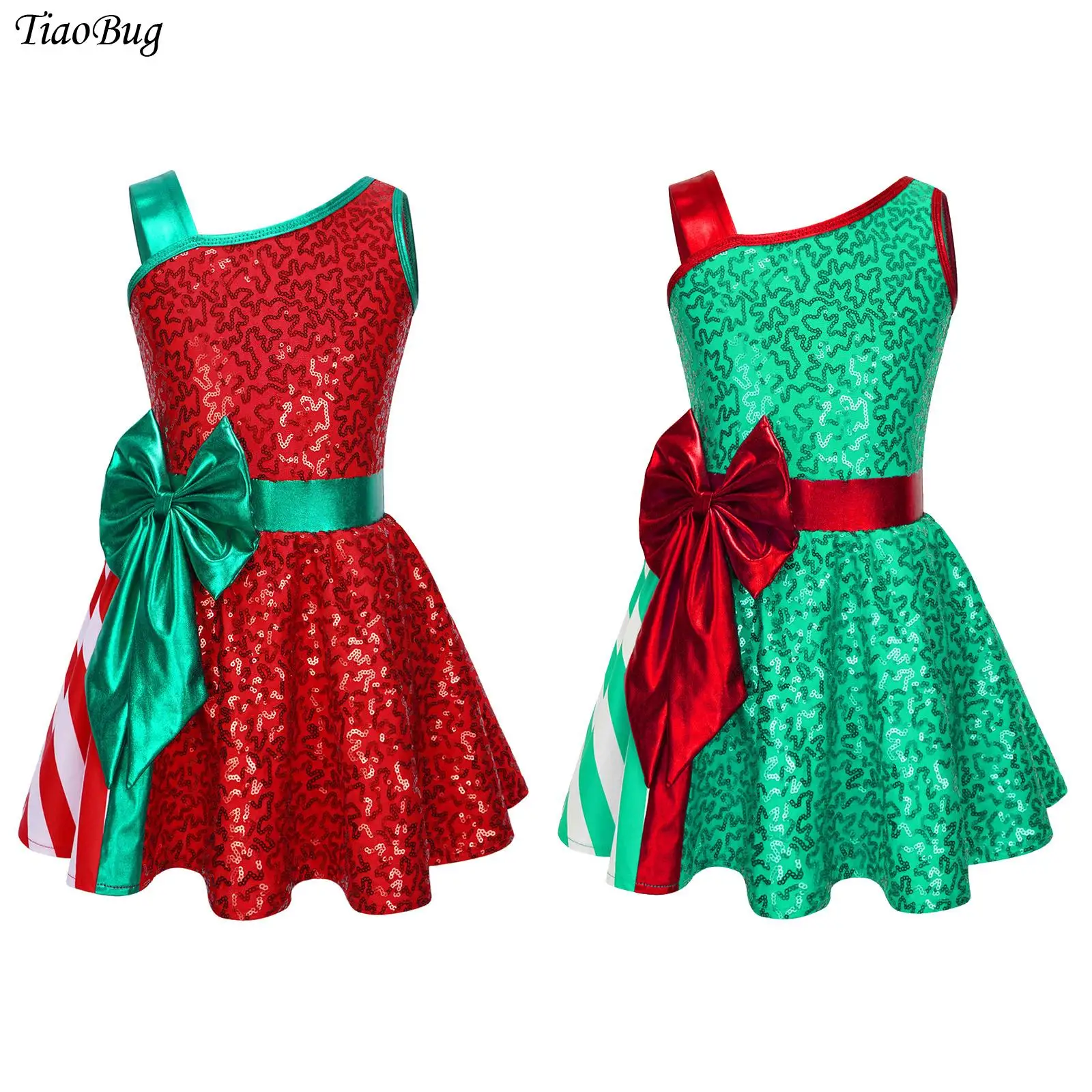 

Girls Christmas Dress Shiny Sequins Sleeveless Jumpsuit Bow Stripe Patchwork Tutu Dresses Xmas Carnival Party Santa Costumes