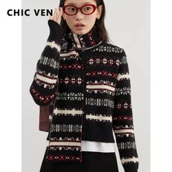 CHIC VEN Women Sweaters Loose Casual Jacquard Striped Knitted Cardigan Women's Jumpers With Scarf Autumn Winter 2024