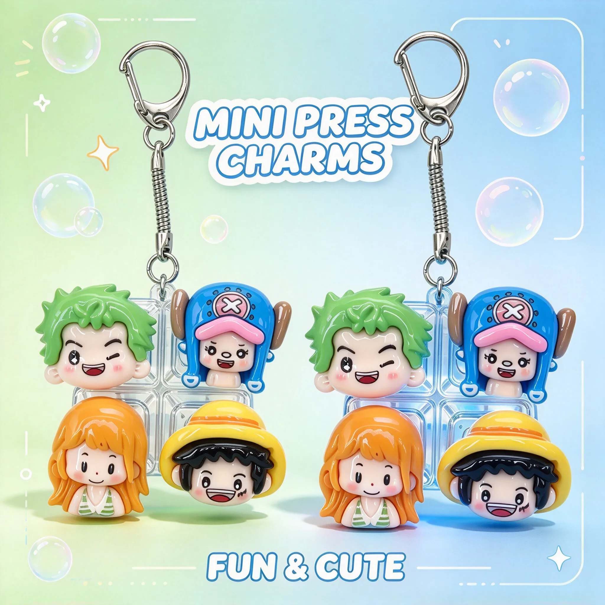 Anime One Piece 4-Key Mechanical Switch Clicker Keyring, Colorful Glow LED Fidget Toy, Luffy Chopper Zoro Nami Bag Charm Collect
