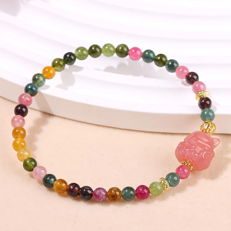 JD Luxury 4mm Tourmaline Color Chalcedony Agate Carved Nine-Tail Fox Charm Bracelet Women Fashion Design Thin Bangles Jewelry